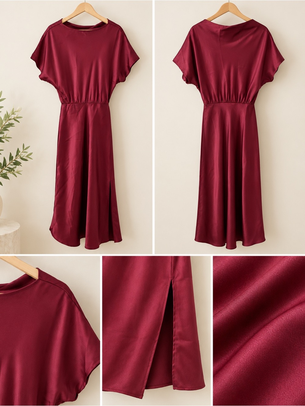 Burgundy Satin Blouson Maxi Dress Side Slit Size S Made in USA - Picture 5 of 11